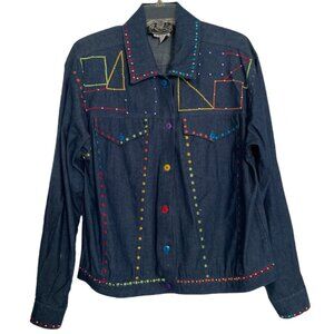 Rochelle 1980s Multicolor Embroidered Polkadot | Geometric Shape Denim Jacket M